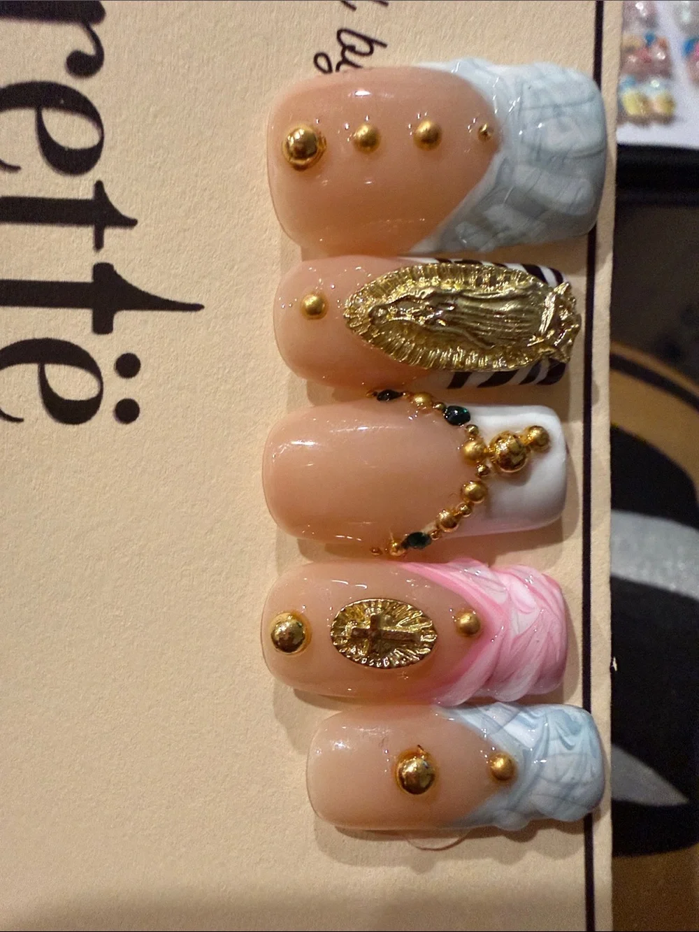 Handmade acrylic Press-On Nail Set — Pink, White, Beige, Red, Gray Accents